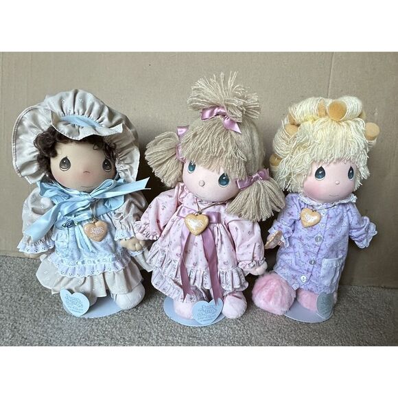 Precious Moments Other - Vintage Precious Moments 14"‎ Plush Fabric Doll Lot Of 3! w Lockets and Stands!